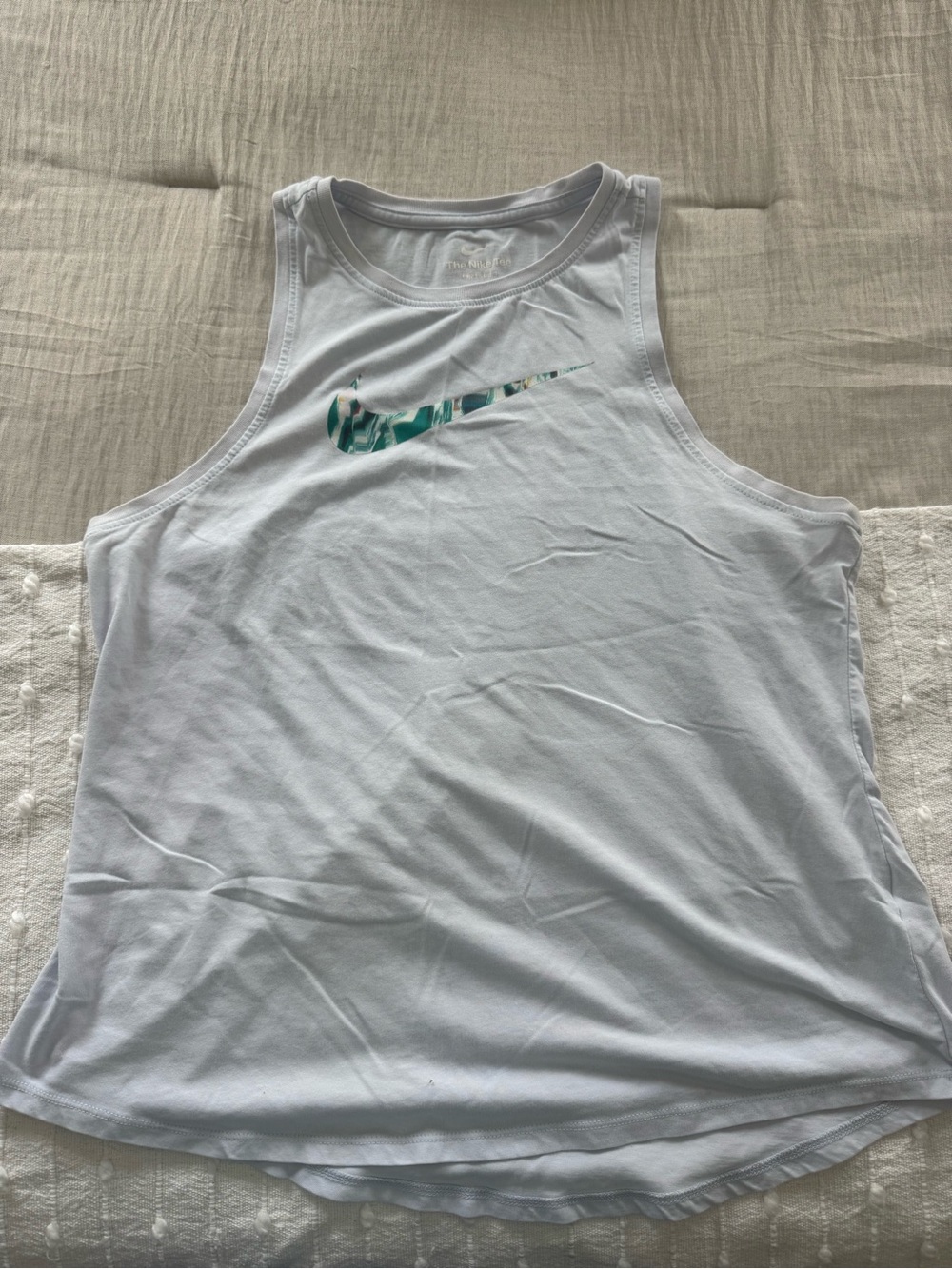 Nike tee dri fit white high neck tank top size large with blue logo swoosh
